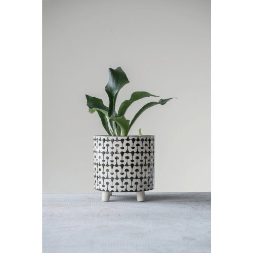 Black White Round 8 Stoneware Footed Planter Lifestyle