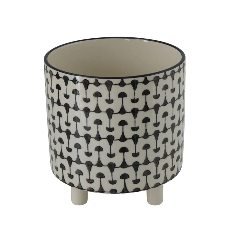 Black White Round 8 Stoneware Footed Planter Main