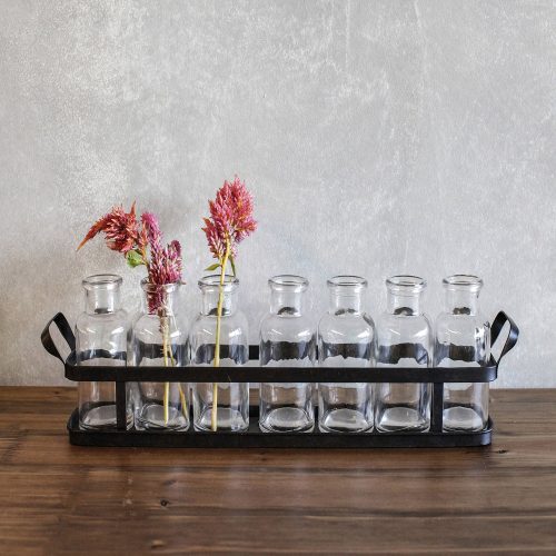 DA2601 Seven Glass Bottle Vases on Rectangular Metal Tray Lifestyle