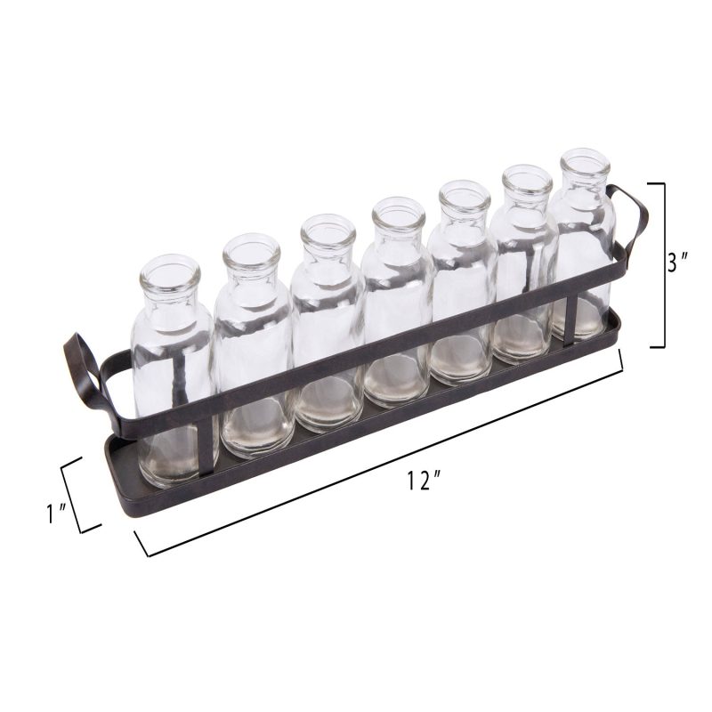 DA2601 Seven Glass Bottle Vases on Rectangular Metal Tray Measurements