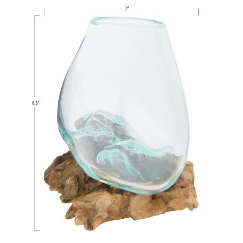 DF3116 5 Glass Vase 7 on Natural Wood Base Measurements