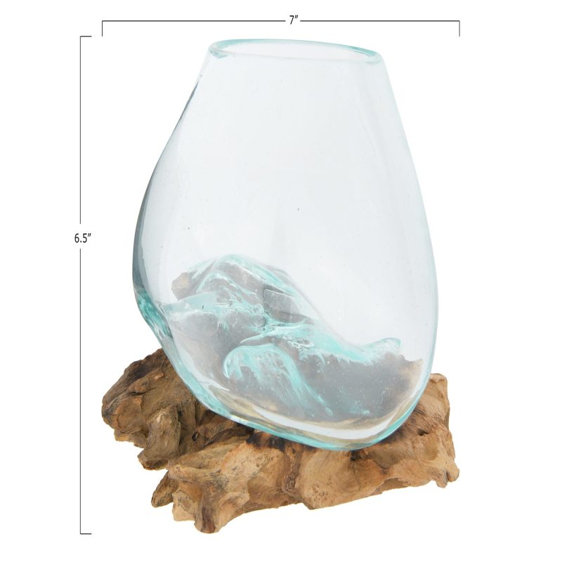 DF3116 5 Glass Vase 7 on Natural Wood Base Measurements