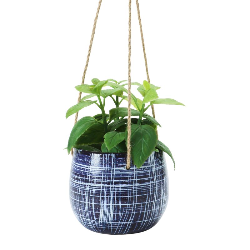 DF4054 Hanging Stoneware Planter with Pattern Jute Hanger Close Up