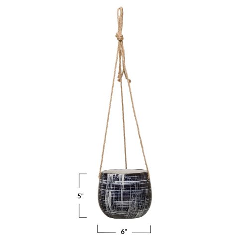 DF4054 Hanging Stoneware Planter with Pattern Jute Hanger Measurement