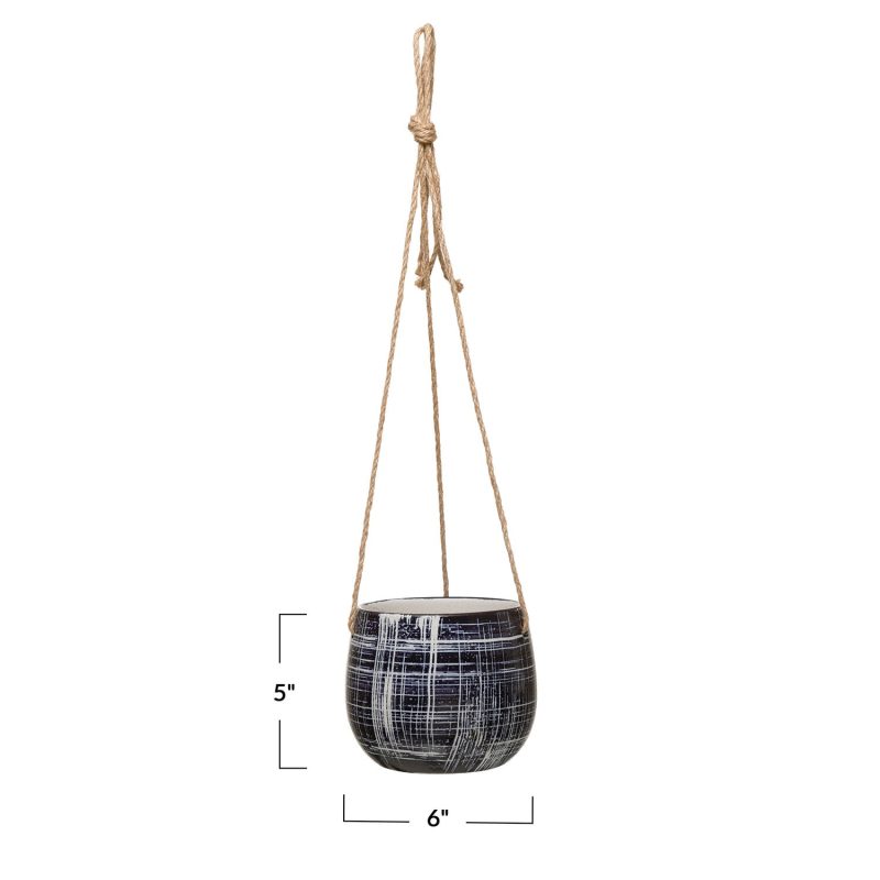 DF4054 Hanging Stoneware Planter with Pattern Jute Hanger Measurement