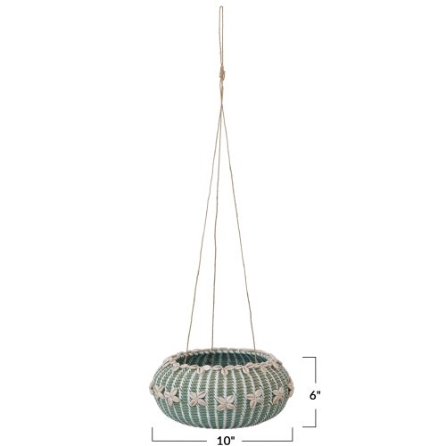 DF6545 Hanging Handwoven Rattan Planter with Shells Jute Hanger Measurements