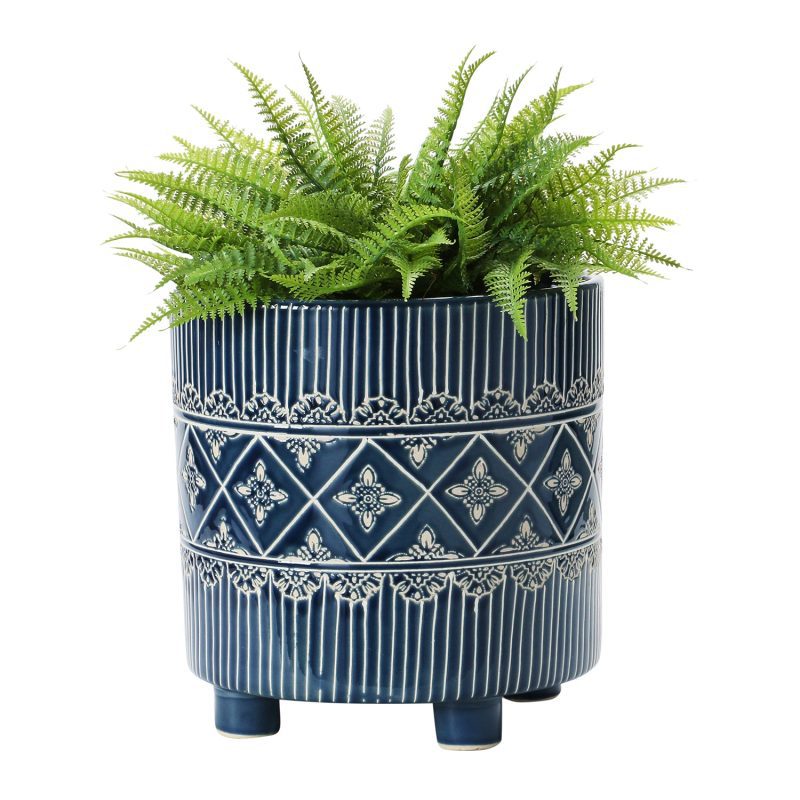 Debossed Blue White Stoneware Footed Planter with Pattern Lifestyle 2