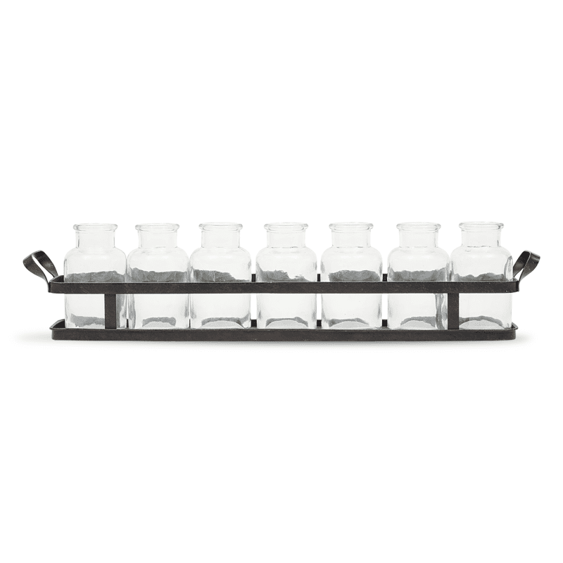 Home Decor Seven Glass Bottles on Rectangular Metal Tray with Handles