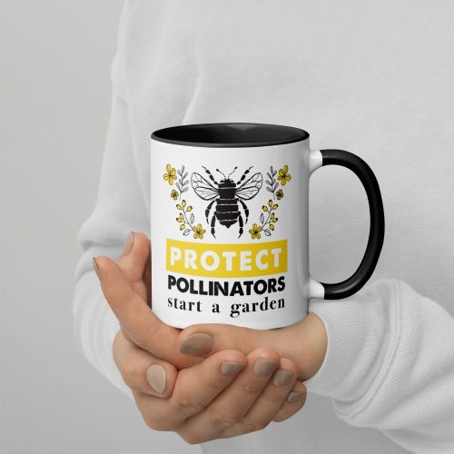 Protect Pollinators white ceramic mug with color inside black 11oz front with model