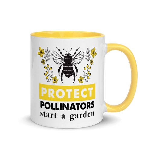 Protect Pollinators white ceramic mug with color inside yellow 11oz front