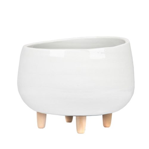 Round Ceramic Planter with Wood Feet