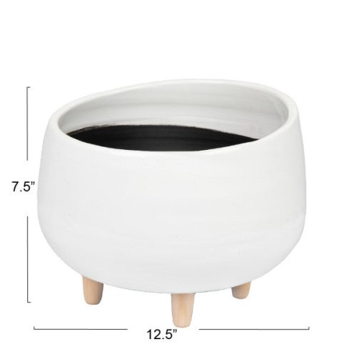 Round Ceramic Planter with Wood Feet Measurement