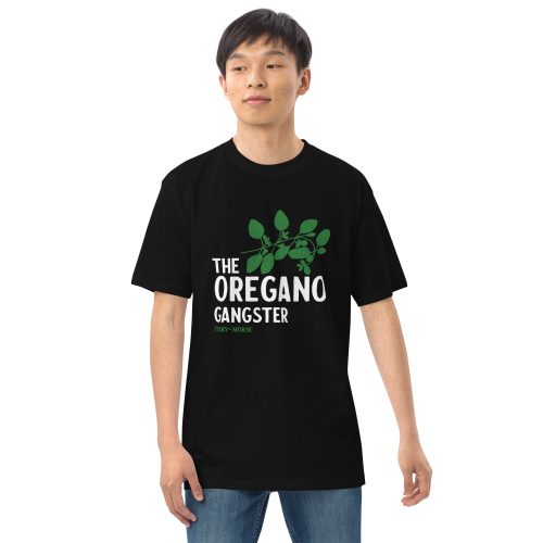 The Oregano Gangster heavyweight tee black front on model 2