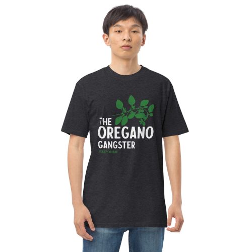 The Oregano Gangster heavyweight tee charcoal heather front on model 2