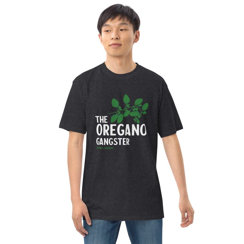 The Oregano Gangster Unisex T shirt charcoal heather On model