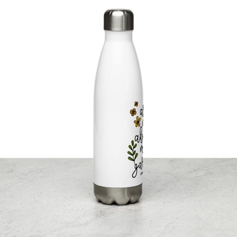 ask me about my garden stainless steel water bottle white 17oz right