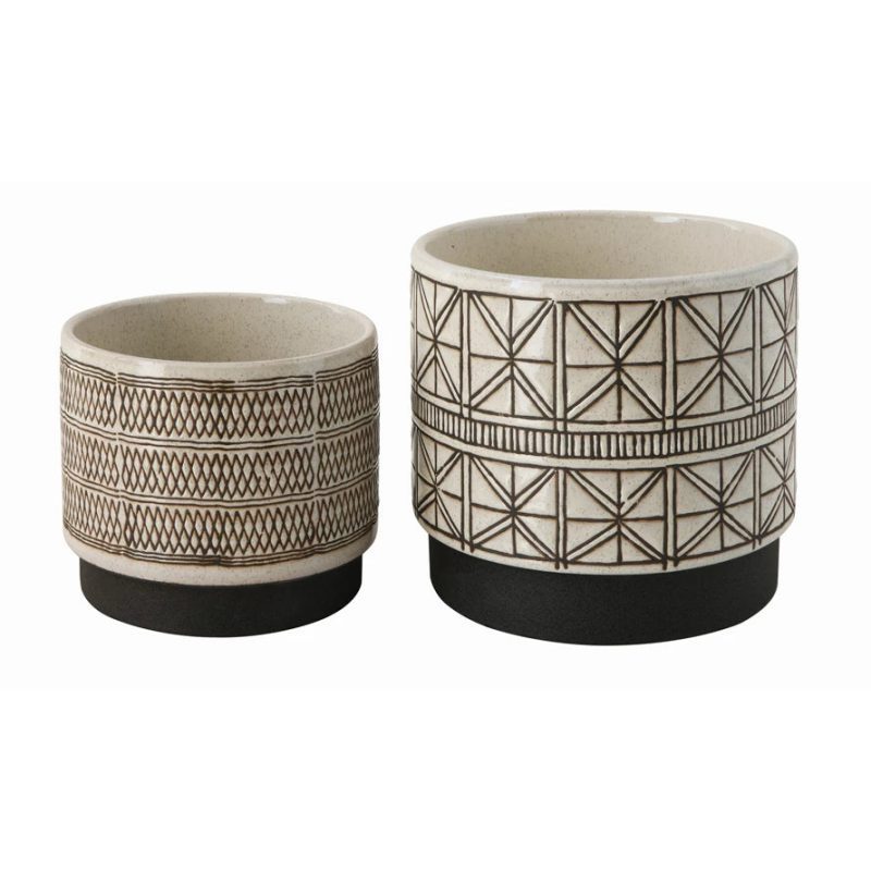 df0127 White Stoneware Planters with Black Designs Main