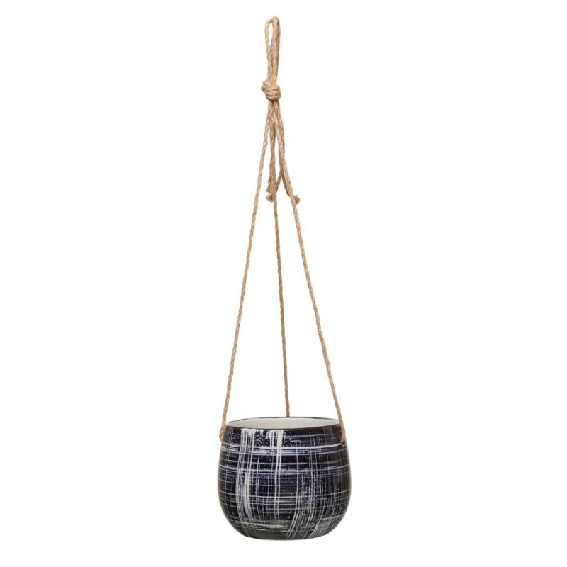 df4054 Hanging Stoneware Planter with Pattern Jute Hanger Main