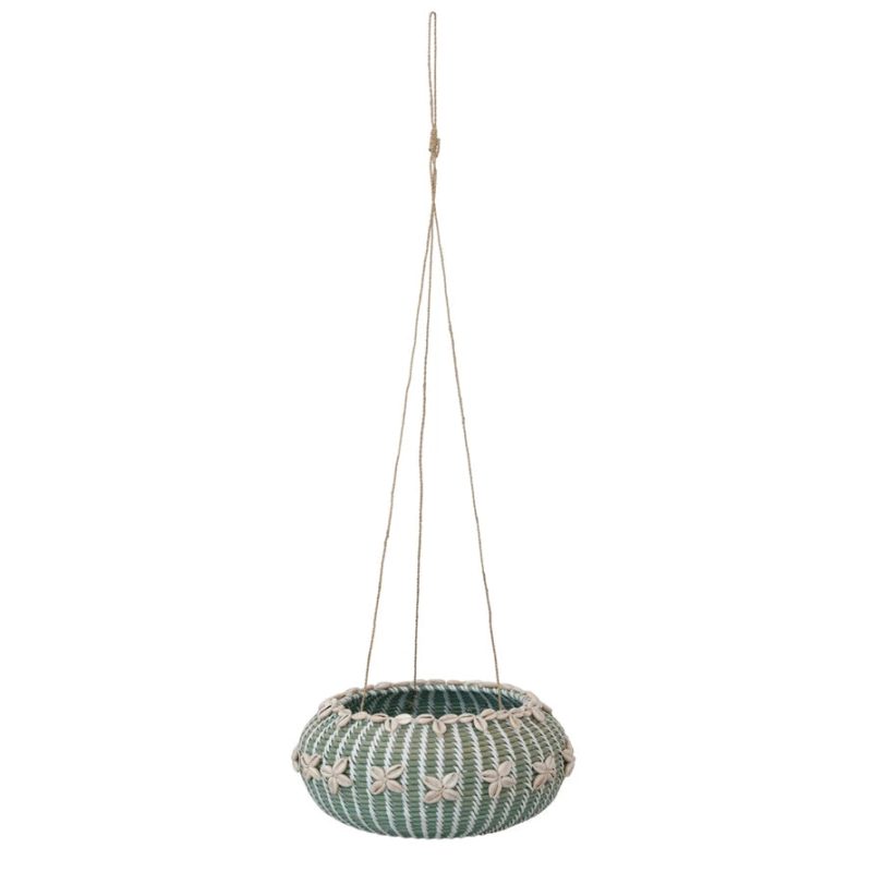 df6545 Hanging Handwoven Rattan Planter with Shells Jute Hanger Main