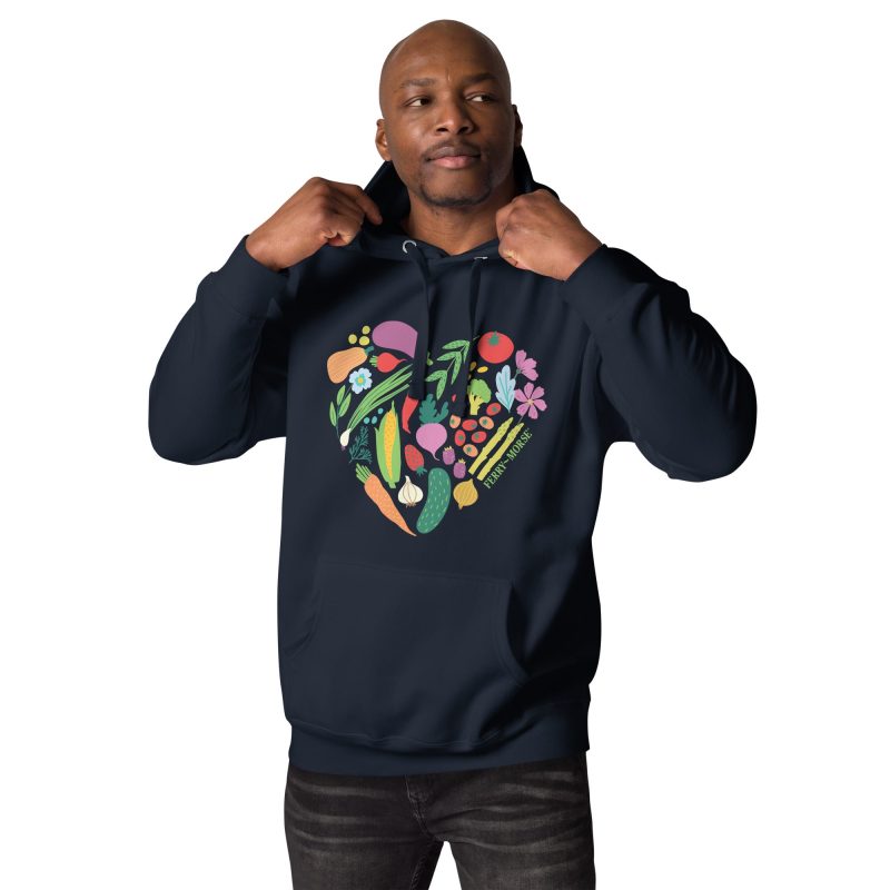 garden heart unisex premium hoodie navy blazer front on model