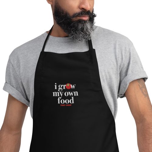 i grow my own food embroidered apron black zoomed in