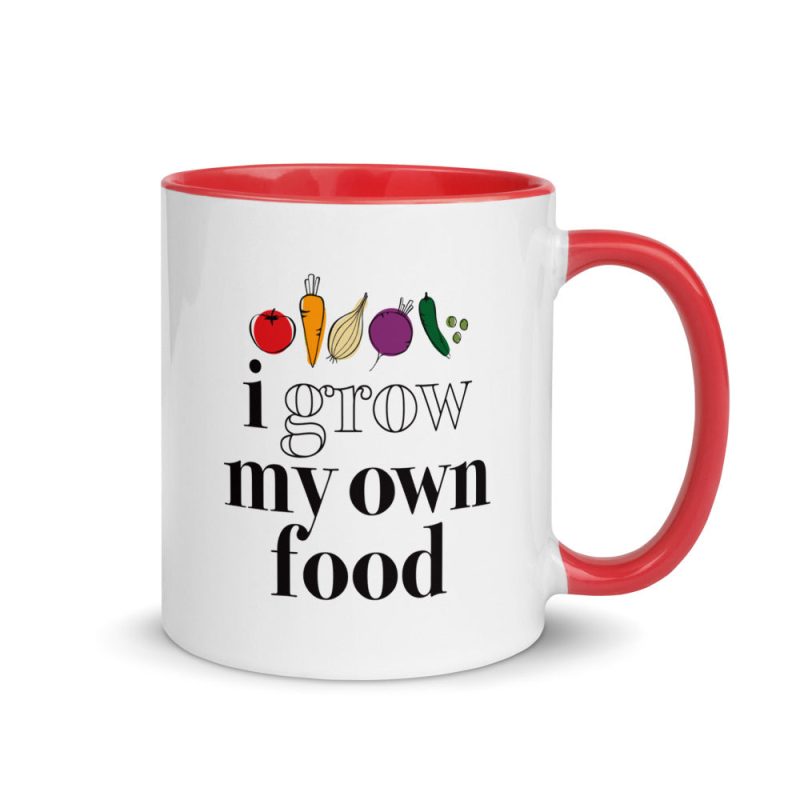 I GROW MY OWN FOOD ceramic mug for gardeners, farmers, homesteaders or agriculturalists in red and white, front view.