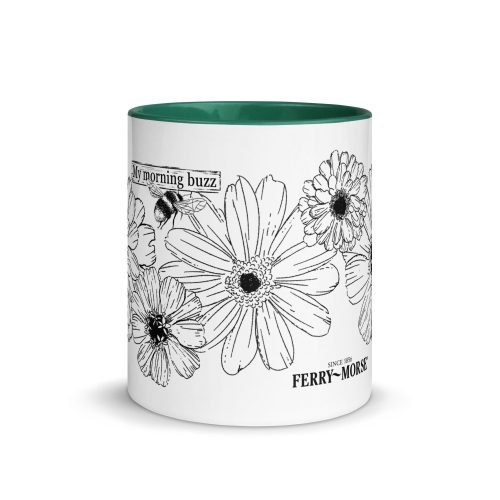 my morning buzz white ceramic mug with color inside dark green 11 oz front 67001b737729c