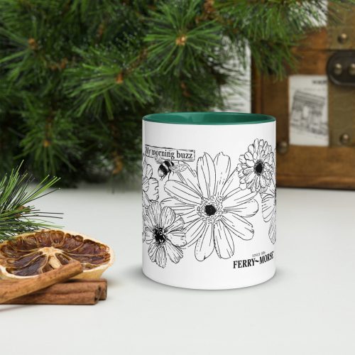 my morning buzz white ceramic mug with color inside dark green 11 oz front lifestyle