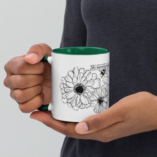 my morning buzz white ceramic mug with color inside dark green 11 oz left with model